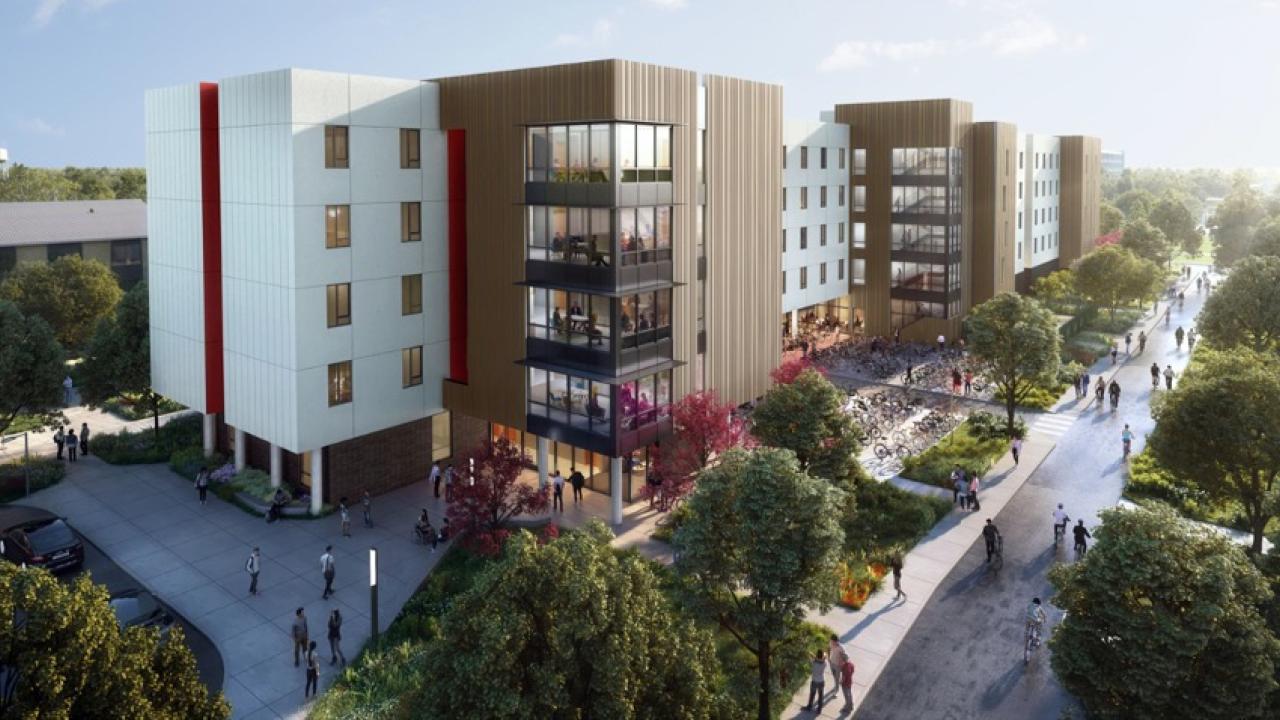 Segundo Infill Project rendering shows white and beige 5-story buildings surrounded by sidewalks and trees